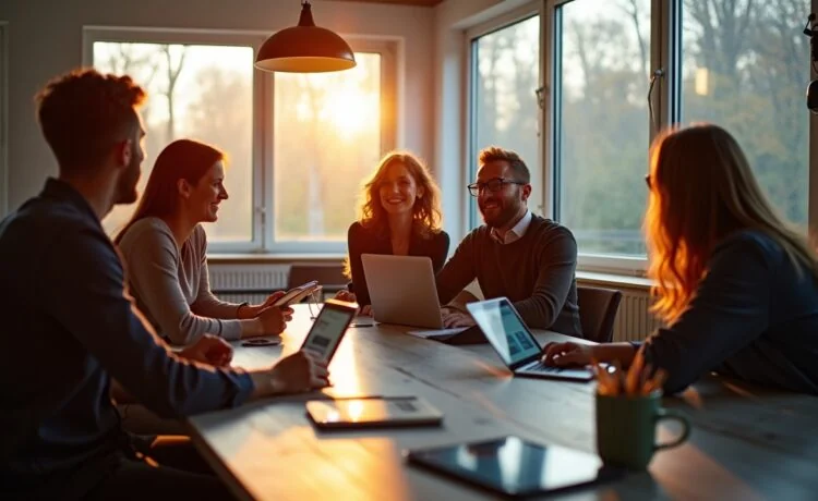 In einem hell erleuchteten, modernen Kreativstudio diskutiert ein vielfältiges Team motiviert und lächelnd umgeben von Bildschirmen und Tablets, die innovative KI-Tools zeigen, während warmes Tageslicht durch große Fenster strömt und eine Atmosphäre voller Inspiration und Zukunftsoptimismus schafft.