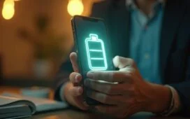 Ein strahlend helles, natürlich beleuchtetes Smartphone, dessen Akku-Symbol als sanft leuchtendes, warmes Licht sichtbar ist, vor einem modernen, freundlichen Arbeitsumfeld mit Holz- und Grüntönen, das Hoffnung und Zukunftstechnologie verheißt.