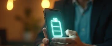 Ein strahlend helles, natürlich beleuchtetes Smartphone, dessen Akku-Symbol als sanft leuchtendes, warmes Licht sichtbar ist, vor einem modernen, freundlichen Arbeitsumfeld mit Holz- und Grüntönen, das Hoffnung und Zukunftstechnologie verheißt.