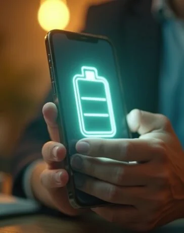 Ein strahlend helles, natürlich beleuchtetes Smartphone, dessen Akku-Symbol als sanft leuchtendes, warmes Licht sichtbar ist, vor einem modernen, freundlichen Arbeitsumfeld mit Holz- und Grüntönen, das Hoffnung und Zukunftstechnologie verheißt.