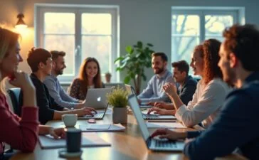 Eine helle, freundliche Bürorszene mit vielfältigen Mitarbeitenden unterschiedlichen Alters und Hintergrunds, die konzentriert, aber offen in moderner Büroatmosphäre mit Tageslicht zusammenarbeiten, während im Hintergrund dezente Hinweise auf Technologie und digitale Vernetzung sichtbar sind – ein hoffnungsvoller Blick auf den Wandel der Arbeitswelt im Zeitalter der Künstlichen Intelligenz.