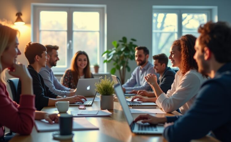 Eine helle, freundliche Bürorszene mit vielfältigen Mitarbeitenden unterschiedlichen Alters und Hintergrunds, die konzentriert, aber offen in moderner Büroatmosphäre mit Tageslicht zusammenarbeiten, während im Hintergrund dezente Hinweise auf Technologie und digitale Vernetzung sichtbar sind – ein hoffnungsvoller Blick auf den Wandel der Arbeitswelt im Zeitalter der Künstlichen Intelligenz.