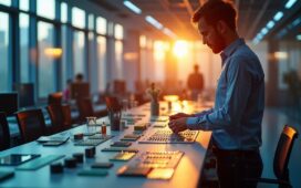 Ein warmer, lichtdurchfluteter Hightech-Workspace mit fokussierten Ingenieuren, die vor modernsten 3D-Chipstapeln aus silbrig schimmerndem Halbleitermaterial und komplexen Leiterplatten stehen, während sanftes Tageslicht durch große Fenster fällt und die zukunftsweisende Innovation der KI-Technologie einladend und greifbar macht.