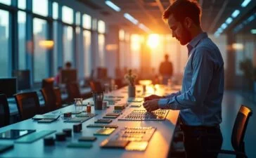 Ein warmer, lichtdurchfluteter Hightech-Workspace mit fokussierten Ingenieuren, die vor modernsten 3D-Chipstapeln aus silbrig schimmerndem Halbleitermaterial und komplexen Leiterplatten stehen, während sanftes Tageslicht durch große Fenster fällt und die zukunftsweisende Innovation der KI-Technologie einladend und greifbar macht.