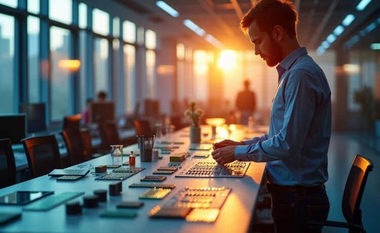 Ein warmer, lichtdurchfluteter Hightech-Workspace mit fokussierten Ingenieuren, die vor modernsten 3D-Chipstapeln aus silbrig schimmerndem Halbleitermaterial und komplexen Leiterplatten stehen, während sanftes Tageslicht durch große Fenster fällt und die zukunftsweisende Innovation der KI-Technologie einladend und greifbar macht.