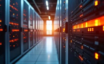 Ein warm beleuchteter, moderner Serverraum mit strahlend glänzenden Glasfaserkabeln, die in eleganten Patchpanels organisiert sind, während sanftes Tageslicht durch große Fenster fällt und eine Atmosphäre von zukunftsweisender Technologie und lebendiger Innovation zaubert.