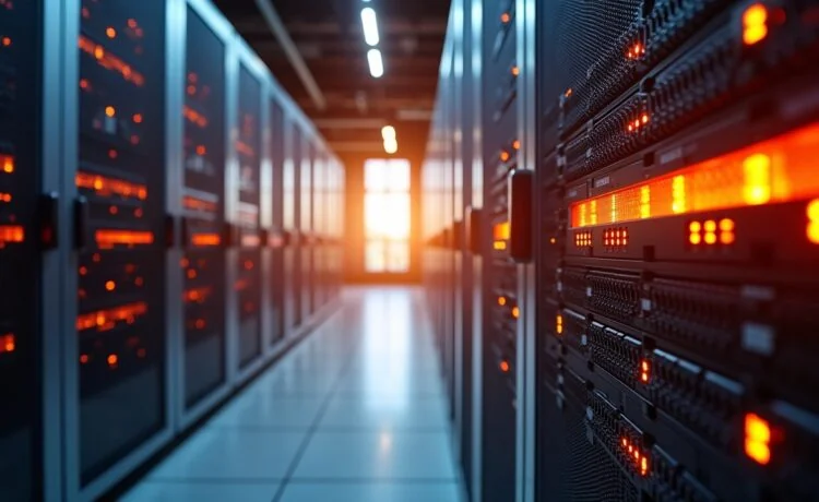 Ein warm beleuchteter, moderner Serverraum mit strahlend glänzenden Glasfaserkabeln, die in eleganten Patchpanels organisiert sind, während sanftes Tageslicht durch große Fenster fällt und eine Atmosphäre von zukunftsweisender Technologie und lebendiger Innovation zaubert.