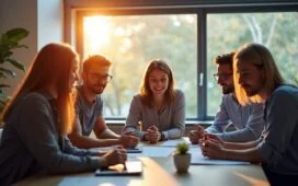 Ein lichtdurchflutetes, modernes Büro mit einem freundlichen Team aus vielfältigen Fachleuten, die konzentriert um einen großen Bildschirm versammelt sind und lebhaft die Integration von Künstlicher Intelligenz in digitale Arbeitsprozesse diskutieren, eingefangen in warmer Tageslichtstimmung mit klaren, realistischen Details und einer einladenden Atmosphäre.