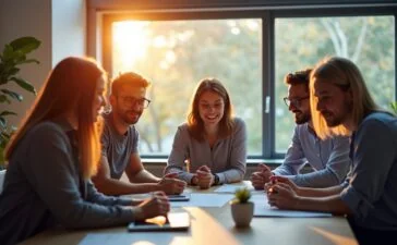 Ein lichtdurchflutetes, modernes Büro mit einem freundlichen Team aus vielfältigen Fachleuten, die konzentriert um einen großen Bildschirm versammelt sind und lebhaft die Integration von Künstlicher Intelligenz in digitale Arbeitsprozesse diskutieren, eingefangen in warmer Tageslichtstimmung mit klaren, realistischen Details und einer einladenden Atmosphäre.