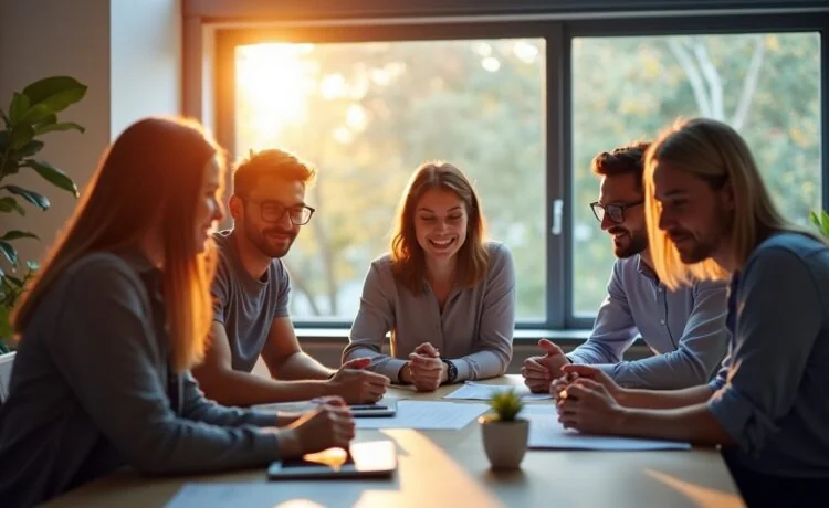 Ein lichtdurchflutetes, modernes Büro mit einem freundlichen Team aus vielfältigen Fachleuten, die konzentriert um einen großen Bildschirm versammelt sind und lebhaft die Integration von Künstlicher Intelligenz in digitale Arbeitsprozesse diskutieren, eingefangen in warmer Tageslichtstimmung mit klaren, realistischen Details und einer einladenden Atmosphäre.