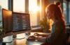 In einem lichtdurchfluteten modernen Büro sitzt eine junge Designerin entspannt vor mehreren transparenten, nebeneinander angeordneten Computerfenstern auf ihrem Bildschirm, die an ein Betriebssystem erinnern, während warme Sonnenstrahlen sanft den Raum erfüllen und eine Atmosphäre von Innovation, Kreativität und fokussierter Produktivität schaffen.