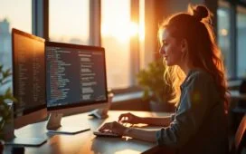 In einem lichtdurchfluteten modernen Büro sitzt eine junge Designerin entspannt vor mehreren transparenten, nebeneinander angeordneten Computerfenstern auf ihrem Bildschirm, die an ein Betriebssystem erinnern, während warme Sonnenstrahlen sanft den Raum erfüllen und eine Atmosphäre von Innovation, Kreativität und fokussierter Produktivität schaffen.