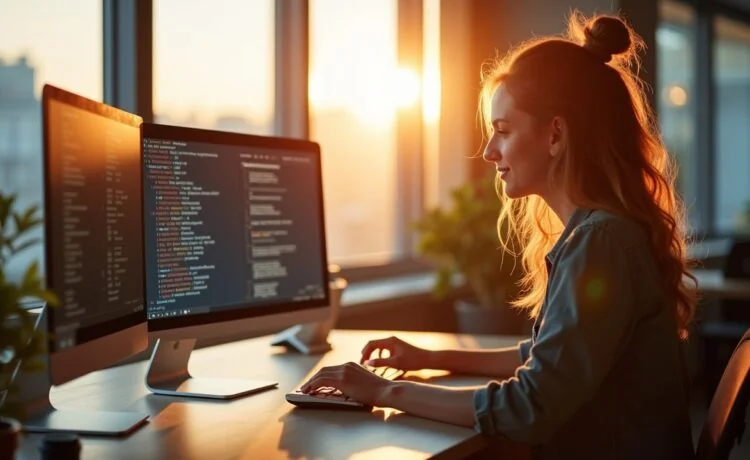 In einem lichtdurchfluteten modernen Büro sitzt eine junge Designerin entspannt vor mehreren transparenten, nebeneinander angeordneten Computerfenstern auf ihrem Bildschirm, die an ein Betriebssystem erinnern, während warme Sonnenstrahlen sanft den Raum erfüllen und eine Atmosphäre von Innovation, Kreativität und fokussierter Produktivität schaffen.