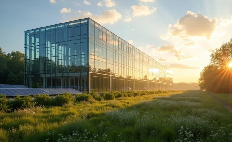 Ein strahlend sonniger Morgen erleuchtet das moderne, glasverkleidete Rechenzentrum Rhöncloud Data Rock, umgeben von sattgrünen Wiesen und angrenzenden Solarpanels, während Fachleute in lässiger Businesskleidung entspannt und fokussiert vor Ort die Zukunft nachhaltiger digitaler Infrastruktur gestalten.