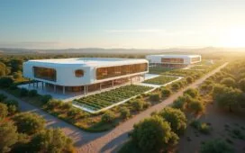 Eine strahlend sonnendurchflutete Landschaft in der spanischen Extremadura, im Vordergrund moderne, futuristisch wirkende Rechenzentrum-Gebäude mit reflektierenden Glasfassaden, umgeben von grüner, nachhaltiger Solarparkfläche und Energieinfrastruktur, die ein Gefühl von technologischer Innovation, nachhaltiger Zukunft und europäischer Stärke vermittelt.