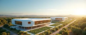 Eine strahlend sonnendurchflutete Landschaft in der spanischen Extremadura, im Vordergrund moderne, futuristisch wirkende Rechenzentrum-Gebäude mit reflektierenden Glasfassaden, umgeben von grüner, nachhaltiger Solarparkfläche und Energieinfrastruktur, die ein Gefühl von technologischer Innovation, nachhaltiger Zukunft und europäischer Stärke vermittelt.