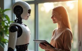 In einem lichtdurchfluteten, modernen Büro steht ein humanoider Roboter mit freundlichem Gesichtsausdruck nahe eines Fensters, umgeben von natürlichen Grüntönen und warmem Sonnenlicht, während eine konzentrierte junge Ingenieurin mit sanftem Lächeln und Tablet in der Hand den Roboter behutsam steuert, wobei die Szene eine harmonische Balance zwischen menschlicher Nähe und technischer Innovation vermittelt.