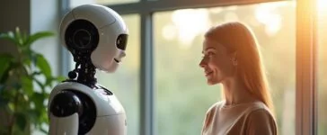 In einem lichtdurchfluteten, modernen Büro steht ein humanoider Roboter mit freundlichem Gesichtsausdruck nahe eines Fensters, umgeben von natürlichen Grüntönen und warmem Sonnenlicht, während eine konzentrierte junge Ingenieurin mit sanftem Lächeln und Tablet in der Hand den Roboter behutsam steuert, wobei die Szene eine harmonische Balance zwischen menschlicher Nähe und technischer Innovation vermittelt.