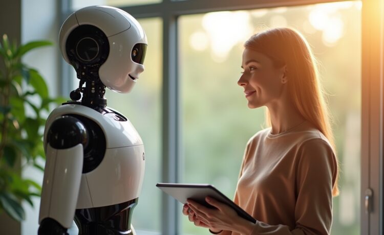 In einem lichtdurchfluteten, modernen Büro steht ein humanoider Roboter mit freundlichem Gesichtsausdruck nahe eines Fensters, umgeben von natürlichen Grüntönen und warmem Sonnenlicht, während eine konzentrierte junge Ingenieurin mit sanftem Lächeln und Tablet in der Hand den Roboter behutsam steuert, wobei die Szene eine harmonische Balance zwischen menschlicher Nähe und technischer Innovation vermittelt.