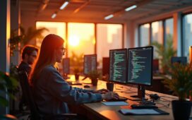 Ein modernes Entwicklerbüro in warmem Tageslicht, in dem konzentrierte Programmierer*innen vor hellen Bildschirmen mit komplexen Codezeilen sitzen und gemeinsam an innovativen Webprojekten arbeiten, während freundlich gestaltete, natürliche Details und eine helle, einladende Atmosphäre den Aufbruch zu schnellerer und effizienterer Softwareentwicklung symbolisieren.