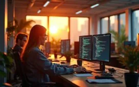 Ein modernes Entwicklerbüro in warmem Tageslicht, in dem konzentrierte Programmierer*innen vor hellen Bildschirmen mit komplexen Codezeilen sitzen und gemeinsam an innovativen Webprojekten arbeiten, während freundlich gestaltete, natürliche Details und eine helle, einladende Atmosphäre den Aufbruch zu schnellerer und effizienterer Softwareentwicklung symbolisieren.