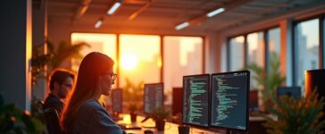 Ein modernes Entwicklerbüro in warmem Tageslicht, in dem konzentrierte Programmierer*innen vor hellen Bildschirmen mit komplexen Codezeilen sitzen und gemeinsam an innovativen Webprojekten arbeiten, während freundlich gestaltete, natürliche Details und eine helle, einladende Atmosphäre den Aufbruch zu schnellerer und effizienterer Softwareentwicklung symbolisieren.