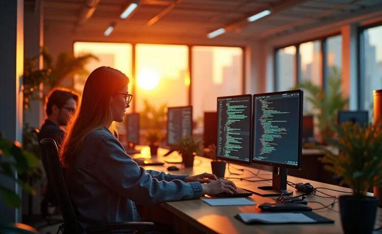 Ein modernes Entwicklerbüro in warmem Tageslicht, in dem konzentrierte Programmierer*innen vor hellen Bildschirmen mit komplexen Codezeilen sitzen und gemeinsam an innovativen Webprojekten arbeiten, während freundlich gestaltete, natürliche Details und eine helle, einladende Atmosphäre den Aufbruch zu schnellerer und effizienterer Softwareentwicklung symbolisieren.