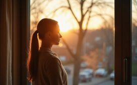 Eine helle, einfühlsame Aufnahme in natürlichem Tageslicht zeigt eine Person vor einem modernen Fenster mit klarer Sicht, wie sie selbstbewusst und nachdenklich auf einen Bildschirm schaut – ein symbolisches Porträt digitaler Standhaftigkeit und mutiger KI-Kommunikation in einem warmen, freundlichen Umfeld.