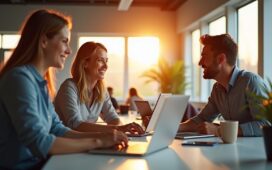 Ein modernes, hell erleuchtetes Büroambiente mit freundlichen Mitarbeitenden, die konzentriert an Laptops und Tablets zusammenarbeiten, umgeben von natürlichem Licht, das Wärme und Aufbruchsstimmung vermittelt – ein lebendiges Bild der dynamischen Verbindung von KI-Technologie und Kundenservice im Wandel.