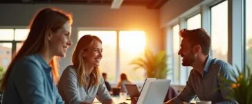 Ein modernes, hell erleuchtetes Büroambiente mit freundlichen Mitarbeitenden, die konzentriert an Laptops und Tablets zusammenarbeiten, umgeben von natürlichem Licht, das Wärme und Aufbruchsstimmung vermittelt – ein lebendiges Bild der dynamischen Verbindung von KI-Technologie und Kundenservice im Wandel.