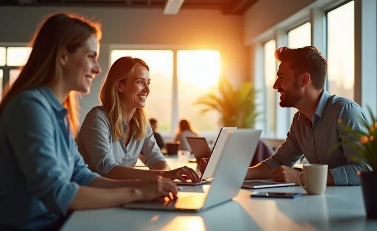 Ein modernes, hell erleuchtetes Büroambiente mit freundlichen Mitarbeitenden, die konzentriert an Laptops und Tablets zusammenarbeiten, umgeben von natürlichem Licht, das Wärme und Aufbruchsstimmung vermittelt – ein lebendiges Bild der dynamischen Verbindung von KI-Technologie und Kundenservice im Wandel.