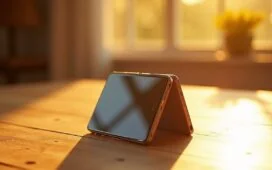 Ein warm beleuchtetes, natürliches Redaktionsfoto zeigt ein modernes, dreifach aufklappbares Samsung Galaxy Z Trifold elegant auf einem hellen Holztisch, umgeben von Sonnenlicht und sanften Reflexionen, die die fragile Technik und das innovative Design einladend in Szene setzen.