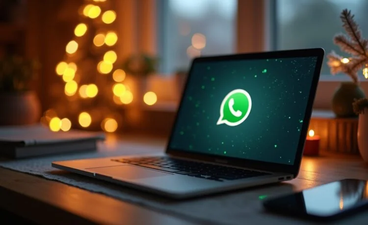 Ein hell erleuchteter Home-Office-Arbeitsplatz in der Vorweihnachtszeit, mit festlichem Schmuck im Hintergrund, auf dem ein moderner Laptop und ein Smartphone offen WhatsApp zeigen – die warme, natürliche Tageslichtstimmung unterstreicht die behutsame, aber ernste Atmosphäre der digitalen Gefahr durch Malware in der festlichen Jahreszeit.