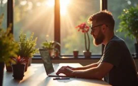 Ein lichtdurchflutetes, modernes Büro mit einem entspannten Entwickler, der konzentriert an einem Laptop arbeitet, umgeben von warmem Tageslicht und organisch arrangierten Pflanzen, symbolisiert die smarte Optimierung und spürbare Beschleunigung durch WordPress 6.9.
