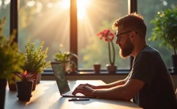 Ein lichtdurchflutetes, modernes Büro mit einem entspannten Entwickler, der konzentriert an einem Laptop arbeitet, umgeben von warmem Tageslicht und organisch arrangierten Pflanzen, symbolisiert die smarte Optimierung und spürbare Beschleunigung durch WordPress 6.9.