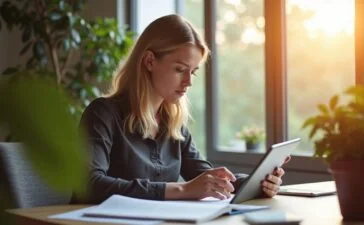 In einem hell erleuchteten, modernen Büro sitzt eine aufmerksame junge Frau entspannt am Schreibtisch, prüft konzentriert ihre persönlichen Unterlagen auf einem Tablet, umgeben von warmem Tageslicht und dezenten Pflanzen, das eine Atmosphäre von Kontrolle, Vertrauen und digitaler Selbstbestimmung vermittelt.