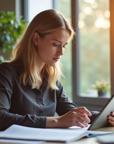 In einem hell erleuchteten, modernen Büro sitzt eine aufmerksame junge Frau entspannt am Schreibtisch, prüft konzentriert ihre persönlichen Unterlagen auf einem Tablet, umgeben von warmem Tageslicht und dezenten Pflanzen, das eine Atmosphäre von Kontrolle, Vertrauen und digitaler Selbstbestimmung vermittelt.