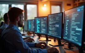 Ein hell erleuchteter, moderner Büroarbeitsplatz mit konzentriertem Team in Business-Kleidung, das gemeinsam vor Bildschirmen mit E-Mail-Postfächern und digitalen Sicherheitsgrafiken sitzt, in warmem Tageslicht, das eine Atmosphäre von Vertrauen, Wachsamkeit und Zusammenarbeit gegen digitale Bedrohungen schafft.