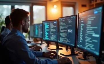 Ein hell erleuchteter, moderner Büroarbeitsplatz mit konzentriertem Team in Business-Kleidung, das gemeinsam vor Bildschirmen mit E-Mail-Postfächern und digitalen Sicherheitsgrafiken sitzt, in warmem Tageslicht, das eine Atmosphäre von Vertrauen, Wachsamkeit und Zusammenarbeit gegen digitale Bedrohungen schafft.