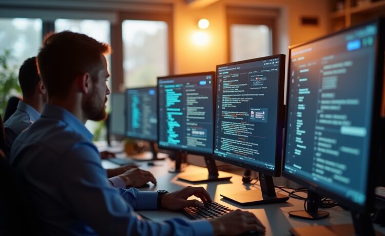 Ein hell erleuchteter, moderner Büroarbeitsplatz mit konzentriertem Team in Business-Kleidung, das gemeinsam vor Bildschirmen mit E-Mail-Postfächern und digitalen Sicherheitsgrafiken sitzt, in warmem Tageslicht, das eine Atmosphäre von Vertrauen, Wachsamkeit und Zusammenarbeit gegen digitale Bedrohungen schafft.