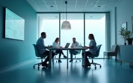 Ein hell erleuchteter Besprechungsraum im Krankenhaus, in dem Ärzte und IT-Experten in freundlicher Atmosphäre konzentriert und vertrauensvoll miteinander kommunizieren, um gemeinsam die Sicherheit im Gesundheitswesen zu stärken.