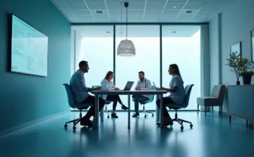 Ein hell erleuchteter Besprechungsraum im Krankenhaus, in dem Ärzte und IT-Experten in freundlicher Atmosphäre konzentriert und vertrauensvoll miteinander kommunizieren, um gemeinsam die Sicherheit im Gesundheitswesen zu stärken.