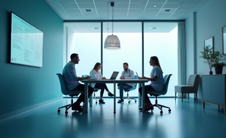 Ein hell erleuchteter Besprechungsraum im Krankenhaus, in dem Ärzte und IT-Experten in freundlicher Atmosphäre konzentriert und vertrauensvoll miteinander kommunizieren, um gemeinsam die Sicherheit im Gesundheitswesen zu stärken.