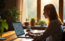 Eine helle, einladende Büro- oder Arbeitsszene mit einer entspannten Person, die am modernen Laptop mit natürlichem Tageslicht arbeitet, umgeben von warmen Holzelementen und grünen Pflanzen, und dabei nachdenklich einen verfügungsbereiten Chat auf dem Bildschirm betrachtet – symbolisch für den achtsamen Umgang mit sensiblen Daten in der digitalen Kommunikation.