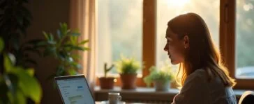 Eine helle, einladende Büro- oder Arbeitsszene mit einer entspannten Person, die am modernen Laptop mit natürlichem Tageslicht arbeitet, umgeben von warmen Holzelementen und grünen Pflanzen, und dabei nachdenklich einen verfügungsbereiten Chat auf dem Bildschirm betrachtet – symbolisch für den achtsamen Umgang mit sensiblen Daten in der digitalen Kommunikation.