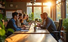 Ein sonnendurchflutetes, modernes Entwicklerbüro mit einem freundlichen Team, das konzentriert an hochmodernen Computern arbeitet, umgeben von warmem Holz, grünen Pflanzen und naturalem Tageslicht, das eine Atmosphäre von kollaborativer Innovation und strategischer Technologieentscheidung schafft.