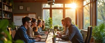 Ein sonnendurchflutetes, modernes Entwicklerbüro mit einem freundlichen Team, das konzentriert an hochmodernen Computern arbeitet, umgeben von warmem Holz, grünen Pflanzen und naturalem Tageslicht, das eine Atmosphäre von kollaborativer Innovation und strategischer Technologieentscheidung schafft.