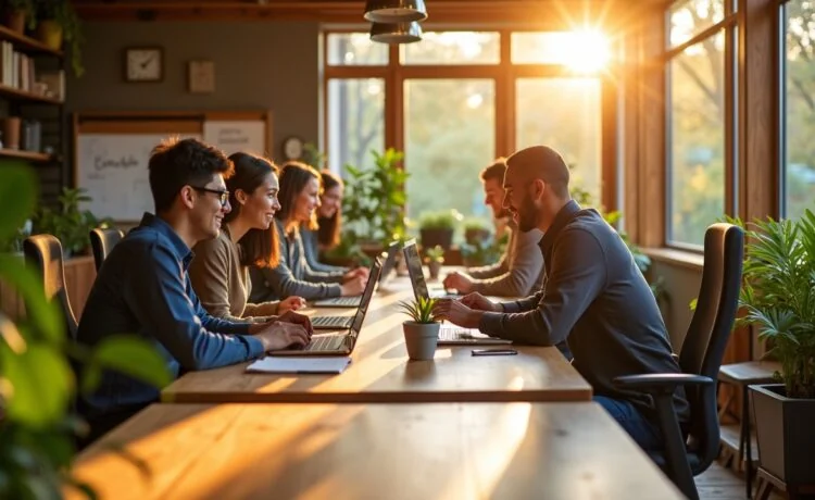 Ein sonnendurchflutetes, modernes Entwicklerbüro mit einem freundlichen Team, das konzentriert an hochmodernen Computern arbeitet, umgeben von warmem Holz, grünen Pflanzen und naturalem Tageslicht, das eine Atmosphäre von kollaborativer Innovation und strategischer Technologieentscheidung schafft.