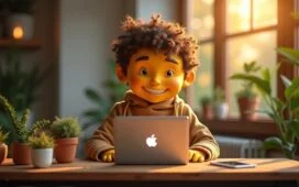 Ein warm beleuchteter, moderner Arbeitsplatz mit einem freundlichen Kreativkopf, der konzentriert am Laptop ein intuitives Webdesign-Tool nutzt, umgeben von Notizblöcken, Pflanzen und sanftem Tageslicht, das eine lebendige Atmosphäre des selbstbestimmten, professionellen Online-Business im Jahr 2025 vermittelt.