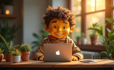 Ein warm beleuchteter, moderner Arbeitsplatz mit einem freundlichen Kreativkopf, der konzentriert am Laptop ein intuitives Webdesign-Tool nutzt, umgeben von Notizblöcken, Pflanzen und sanftem Tageslicht, das eine lebendige Atmosphäre des selbstbestimmten, professionellen Online-Business im Jahr 2025 vermittelt.